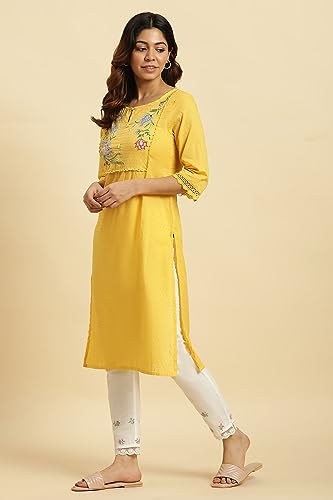 W for Woman Yellow Cotton Swiss Dot Embroidered Kurta