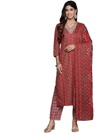 Varanga Women Red Printed V-Neck Embroidered Kurta With Bottom And Dupatta