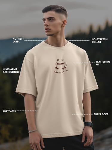 Nobero MenS Graphic Print Oversized Fit T-Shirt (1M-Twrt-C1018-Bl_The Coffee Club-Sand
