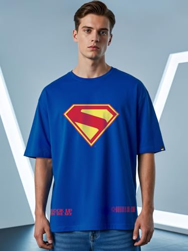 Bewakoof Official DC Merchandise Superman Mens Graphic Print Oversized Fit Half Sleeve Round Neck Pure Cotton T-Shirt_684834_Bl