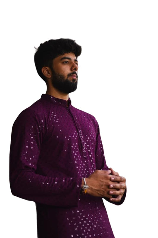 LookMark Present Mens Pure Rayon Chikankari Sequins Kurta||Mens Chikankari Purple Coloured Kurta|| AZ-LM-OG-Kurta 11 Purple-L