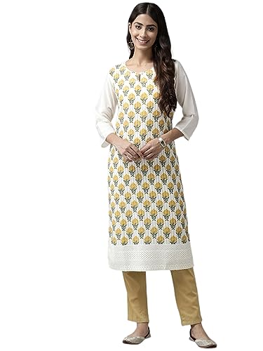 Aarika Womens Cream-Mustard Color Cotton Kurti