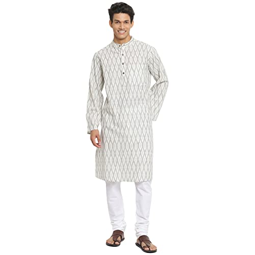 Fabindia Men Printed Chinese Collar Cotton Long Kurta Ikat_L White
