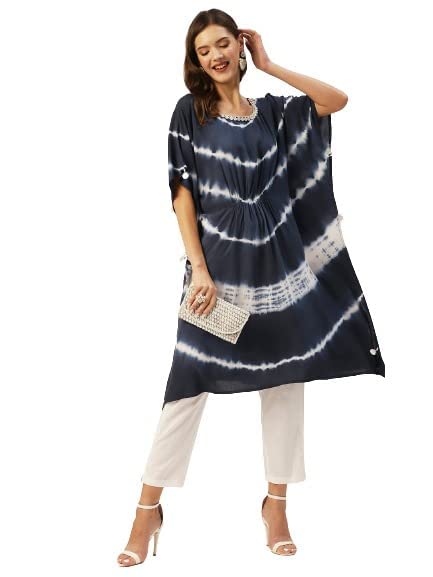 anubhutee Women's Viscose Rayon Navy Blue Tie and Dye Printed Kaftan Kurta