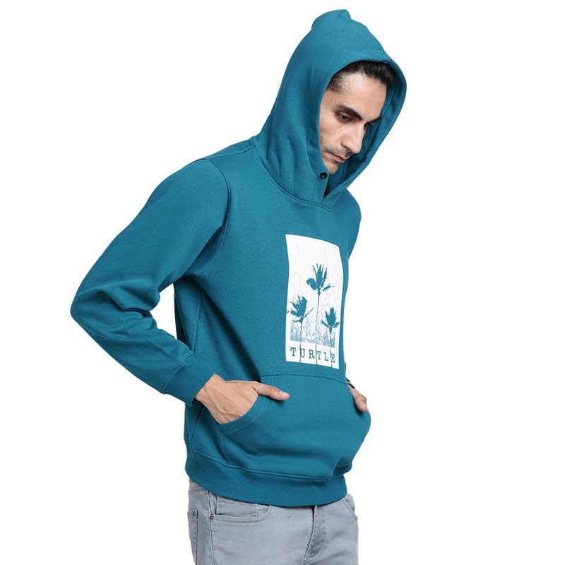 Turtle Men Knitted Teal Blue Printed Casual Sweatshirts