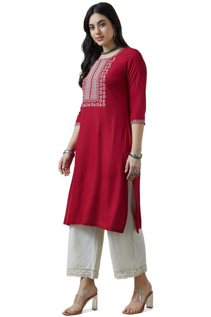 Soch Womens Maroon Rayon Zari Embroidered Kurta