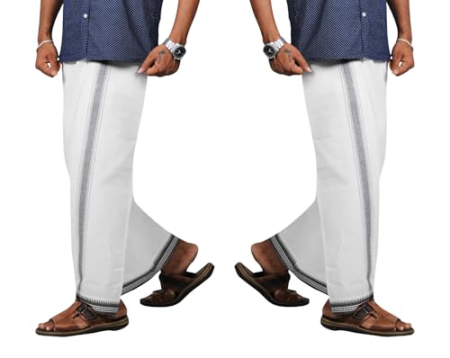 Prakasam Cotton Mens Kerala Thalapathi Border 2Way Pocket (Right &Left Side) Flexi Size (Adjustable) Colour Dhoti With 2 Side Po