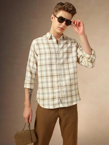 Dennis Lingo Men Relaxed Fit Cotton Full Sleeves Checks Casual Shirts Beige