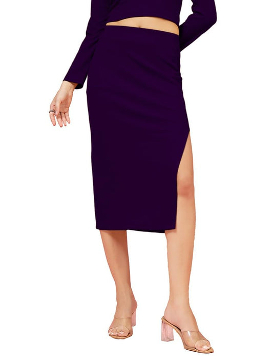 OOMPH! Ribbed Lycra Pencil Skirt with Side Slit for Women Purple - msk121
