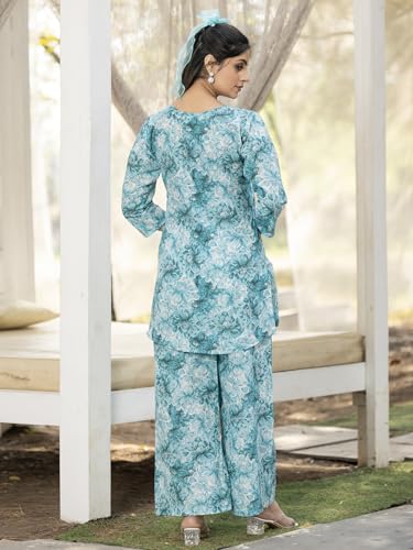 Pinkmint Womens Pure Cotton Co Ord Set l Flower Printed Co Ord Set l Stylish Pocket & 3/4 Sleeve Women Co-ord Set Sky Blue