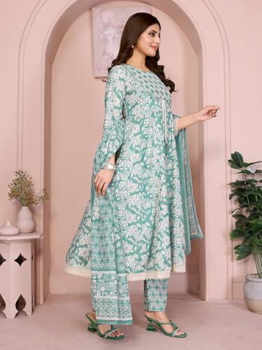 rangita Green Linen Embroidered Anarkali Calf Length Kurta with Pant and Dupatta | Kurta Set for Women