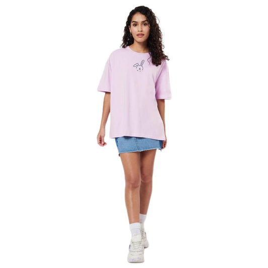 Bewakoof Womens Loose Fit Fairytale Bunny Graphic Print Purple Round Neck Half Sleeve T-Shirt