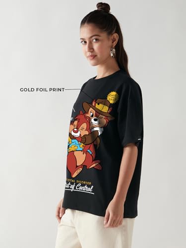Bewakoof Heavy Duty 1.0 Official Disney Merchandise Chip and Dale Womens Graphic Print Oversized Fit Half Sleeve Round Neck Ter
