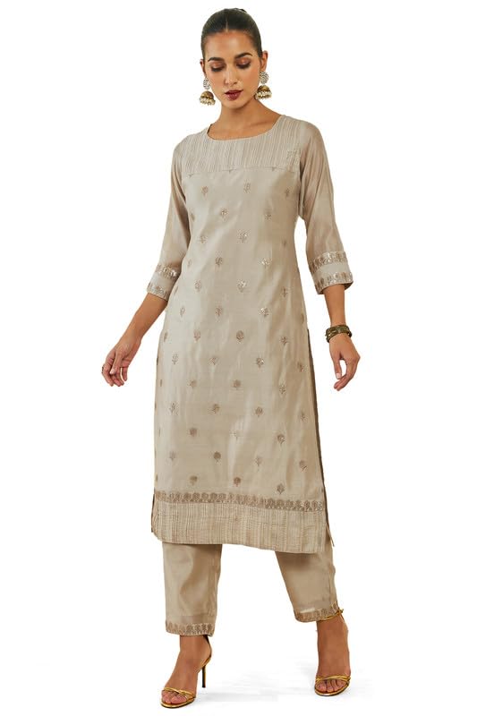 Soch Womens Beige Chanderi Kurta Set With Embroidery And Sequins