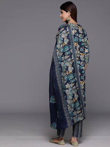 Varanga WomenS Blue Floral Printed V-Neck Kurta With Zari Embroidery, Three-Quarter Sleeves, Side Slit, And Matching Bottom & Du