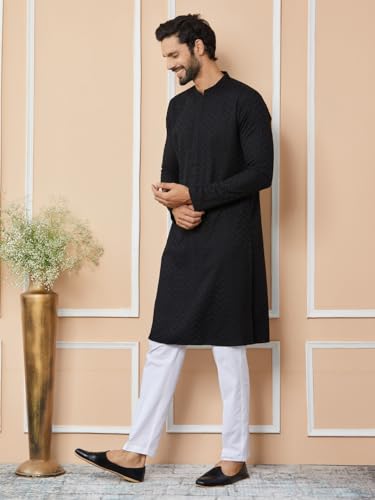 See Designs MenS Long Sleeve Mandarin Collar Side Slit Black Embroidered Chikankari Rayon Straight Kurta With Pyjama - Sdkt2565