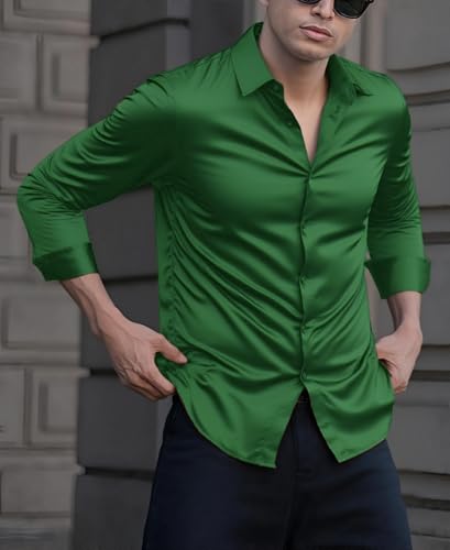 Indoprimo MenS Casual Button Down Long Sleeve Satin Plain Shirt Green