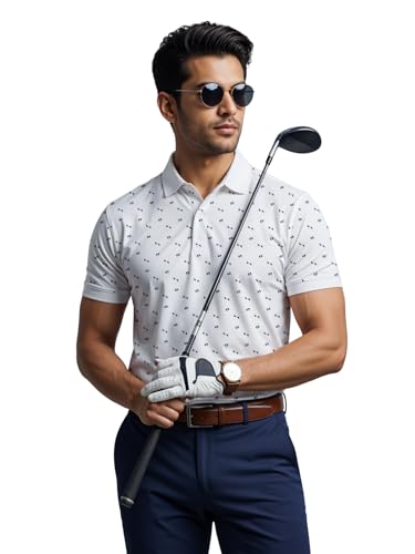 Mens Cotton Printed Polo Tshirt | 220 GSM Interlock Fabric | Slim Fit | Skin-Friendly Ink | White Golf-Inspired Pattern T Shirt