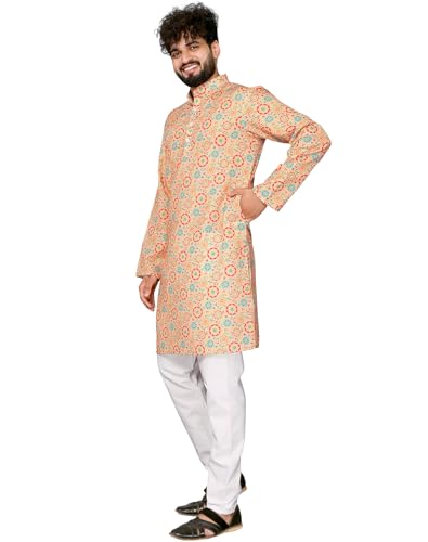 Lookmark MenS Cotton Blend Printed Kurta With Full Sleeves Ankle Length Orange Color And Button Closer - Suitable For All India
