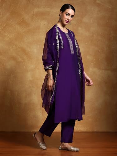 Varanga Women-Thread & Sequin Embroidered Yoke Kurta With Trouser & Scallop Dupatta