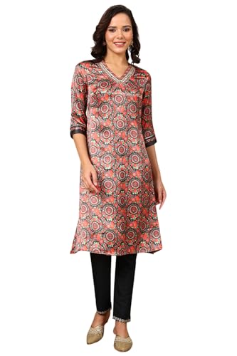 W for Woman Black Floral Printed Embellished Japanese Satin Straight Kurta
