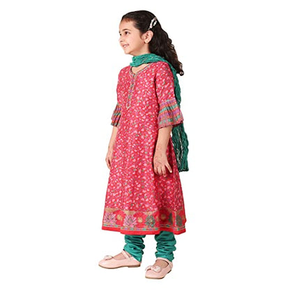 Fabindia Girl'S Cotton Silk Printed Regular Kurta Set (1028676Magenta_Magenta