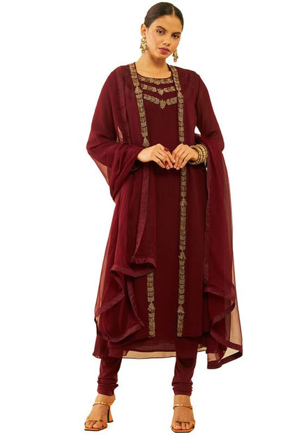 Soch Womens Maroon Georgette Cutdana Work Suit Set With Jacket And Dupatta