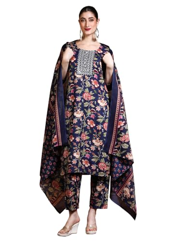 Varanga Floral Printed Thread Work Straight Kurta With Trousers & Dupatta
