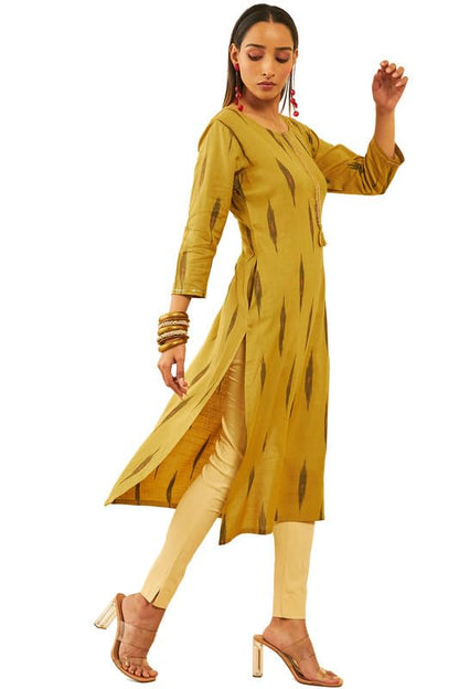 Soch Womens Olive Cotton Ikat Printed Straight Kurta With Sequins