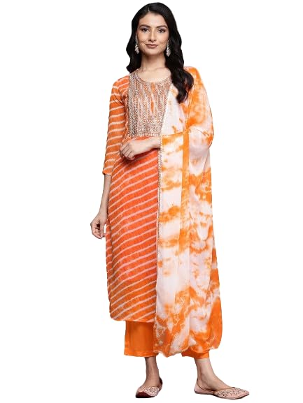 Varanga Womens Orange Leheriya Zari Embroidered Kurta Set With Dupatta