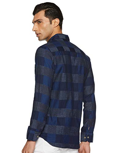 Campus Sutra Mens Navy Blue Checkered Button Up Shirt Regular Fit for Casual Wear | Structured Shirt Crafted with Regular Full
