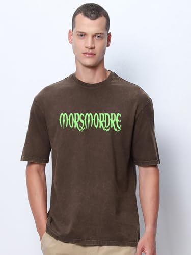 Bewakoof Official Harry Potter Merchandise Mens Graphic Print Oversized Fit Half Sleeve Round Neck Cotton T-Shirt_652434_Brown_