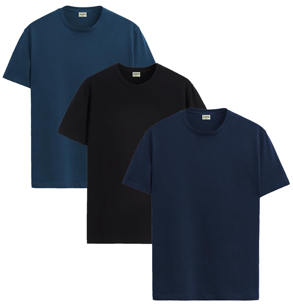 ADRO Men's Solid Regular Fit T-Shirt (RCM3-PLN-BL-NB-SB_Black,Navy,Teal