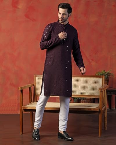 Toplot Kurta For Men || MenS Ethnic Wear Sequin Embroidered Cotton Blend Kurta Set || MenS Kurta (Men-Seq-Kurta-Set-5209-Wine-