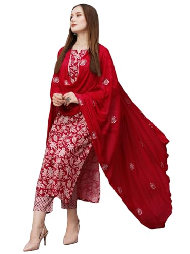GoSriKi Womens Cotton Blend Straight Printed Kurta with Pant & Dupatta (MEI Red-GS_XXL_Red_XX-Large)