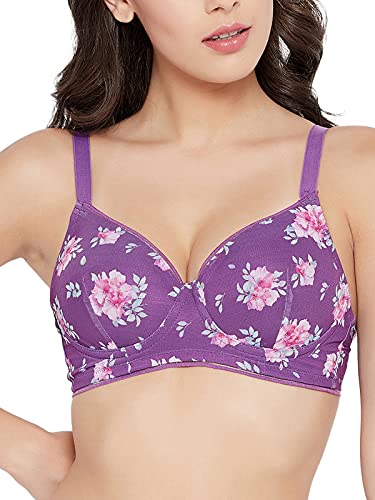 Clovia Womens Lace Padded Non-Wired Full Figure Floral Print T-Shirt Bra (BR2282P15_Purple_36D)