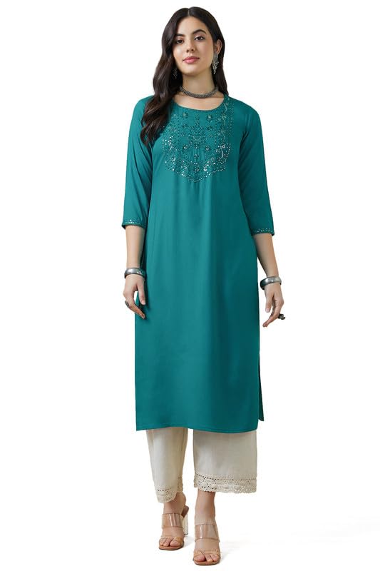 Soch Womens Teal Rayon Embroidered Straight Kurta
