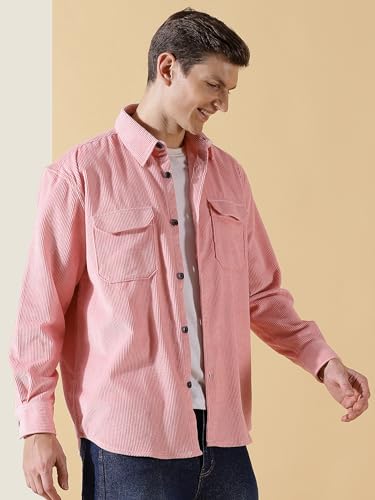 Thomas Scott Mens | Full Sleeve | Corduroy | Double Pockets | Relaxed Fit | 100% Cotton | Spread Collar | Casual | Shirts (Pink_