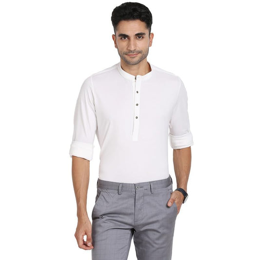 Turtle Men Knitted White Solid Kurta Full Sleeve Ceremonial Shirt