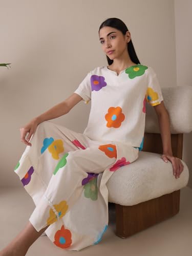 Sweet Dreams Women Printed Pyjama Set Cream