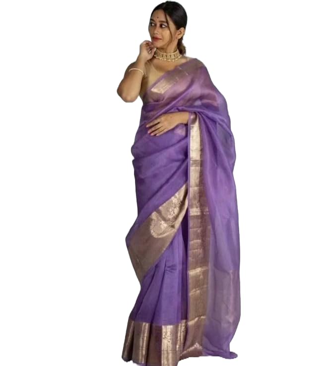 Yashika Womens Plain Organza Saree with Floral Woven Border and Unstitched Blouse Material (AZ-YS-OG1-ORGANZA Voilet