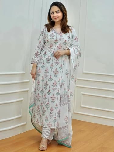 Pinkmint WomenS Hevy Cotton Blend White Kurta Set L Stitched Printed Dupatta Set L Stylish Women Festival Dress (Pack Of 1)