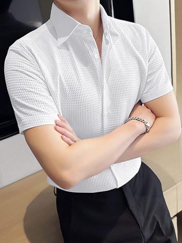 Greciilooks Solid For Casual Stylish Waffle Regular Fit | Men Formal Half Sleeve Shirt (Gl-Ms-6237_White