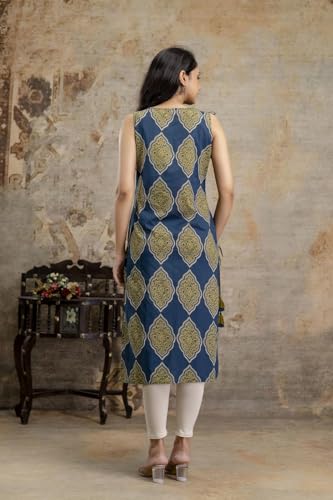 Stylum Womens Ethnic Printed Cotton Straight Kurta Blue