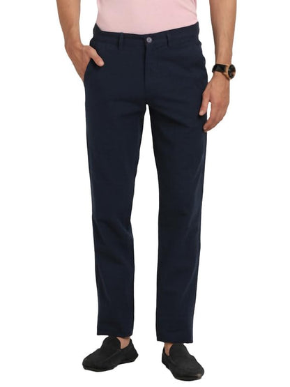 Turtle Men Cotton Linen Navy Check Ultra Slim Fit Casual Trouser