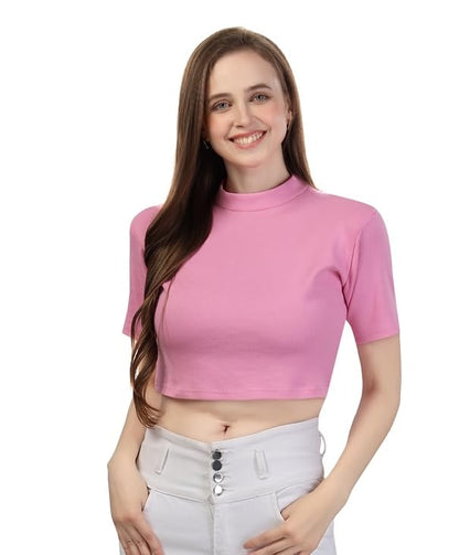 Fabme WomenS Short Sleeves Rib Crop Top - Pink