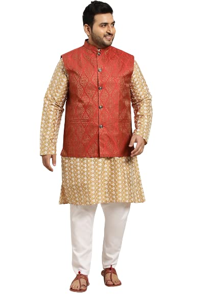 SOJANYA (Since 1958 Men's Silk Blend Dark Gold Embroidered Kurta & Self Design Nehru Jacket with White Churidar Set Size-4XL