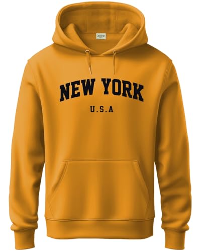 ADRO Men's Cotton Blend Neck Hooded Sweatshirt (H24-NEW-MU-XL_Mustard)