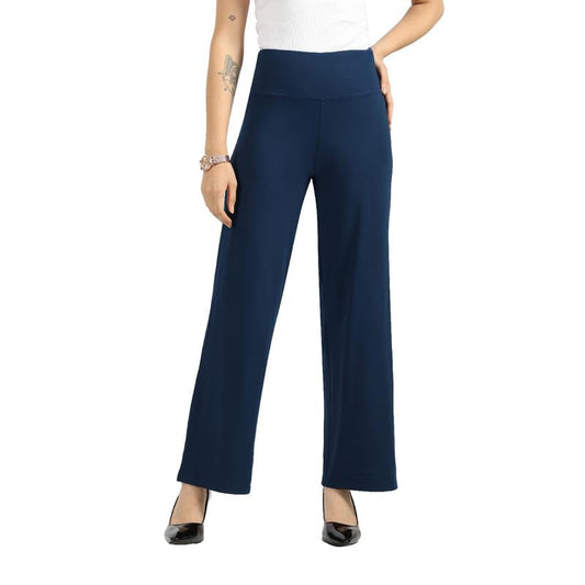 BlissClub Women High Rise The Ultimate Wide Leg Pants - Lite | Pockets | High Waisted | Quick Dry | Drawstring Naina Navy | Size