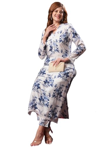 ANNI DESIGNER Women's Cotton Blend Straight Printed Kurta with Pant (Pivar White_L_White_Large)